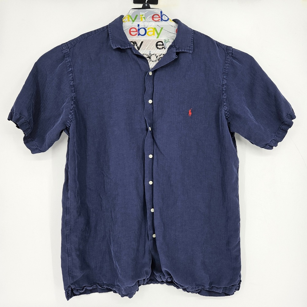 Vintage Polo Ralph Lauren Shirt Mens XLT Silk Linen Short Sleeve Button Up Blue